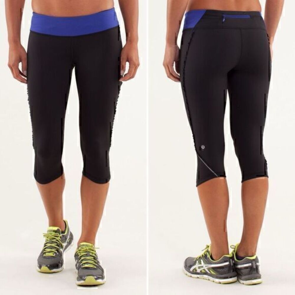 Lululemon Run Fast Free Crop in Black / Tonka Stripe Burnout Pigment Blue